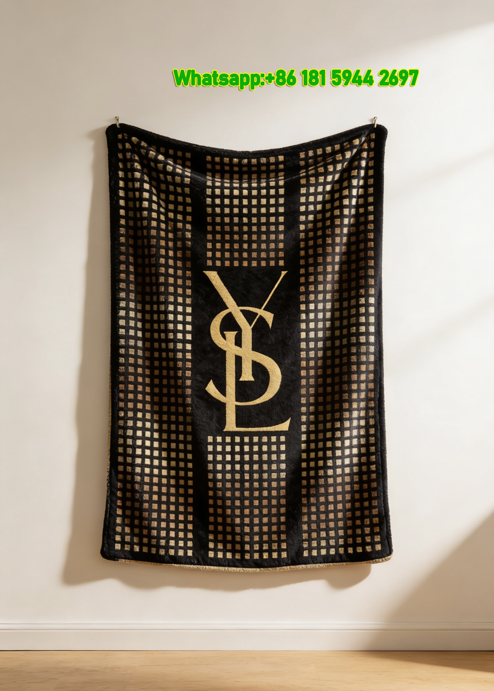 Yves Saint Laurent YSL Black and Gold Grid YSL Logo Print Flannel Throw Blanket IMG_3267